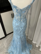 Elegant Blue Mermaid Butterfly Embroidered Long Classy Prom Dress