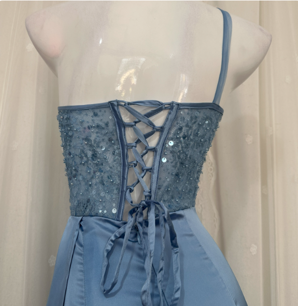 Elegant Blue Mermaid One-Shoulder Sequin Beaded Long Classy Prom Dress