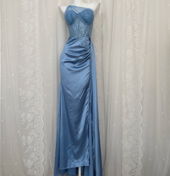 Elegant Blue Mermaid One-Shoulder Sequin Beaded Long Classy Prom Dress