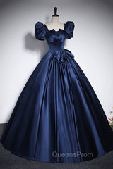Elegant Blue Satin Evening Prom Dress, Square Neckline Puffy Short Sleeve Bow Backless Floor-Length Evening Dress