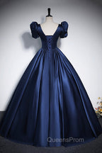 Elegant Blue Satin Evening Prom Dress, Square Neckline Puffy Short Sleeve Bow Backless Floor-Length Evening Dress