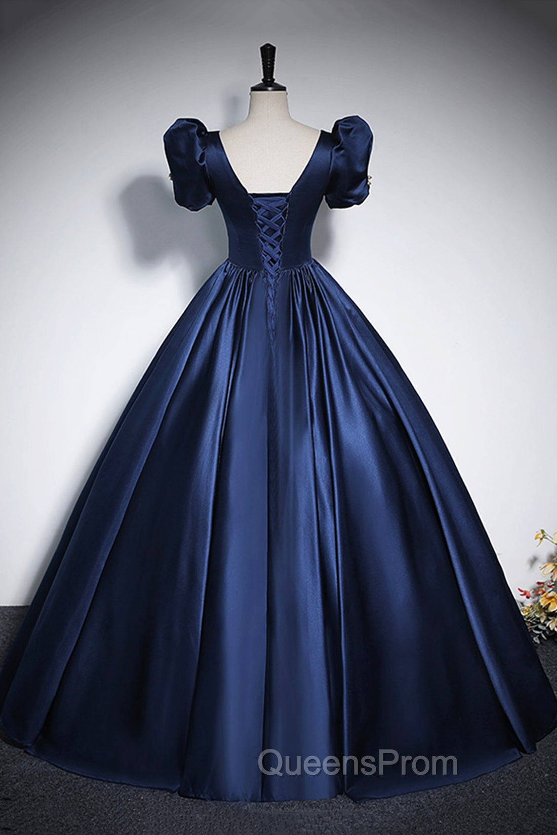 Elegant Blue Satin Evening Prom Dress, Square Neckline Puffy Short Sleeve Bow Backless Floor-Length Evening Dress