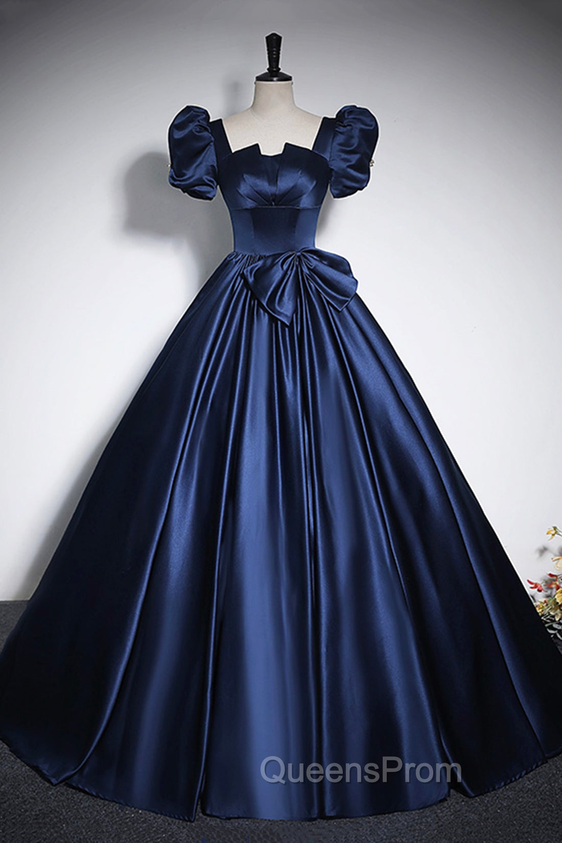Elegant Blue Satin Evening Prom Dress, Square Neckline Puffy Short Sleeve Bow Backless Floor-Length Evening Dress Main image