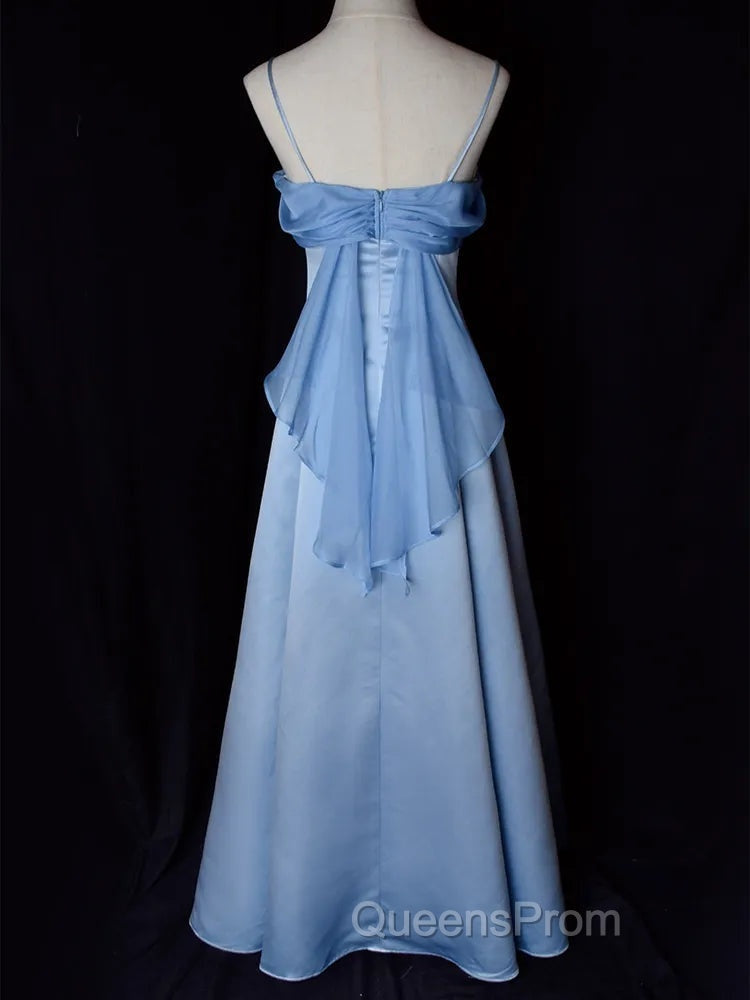 Elegant Blue Satin Spaghetti Straps Evening Gown A Line Long Party Dress Evening Prom Dress