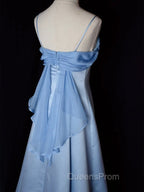 Elegant Blue Satin Spaghetti Straps Evening Gown A Line Long Party Dress Evening Prom Dress