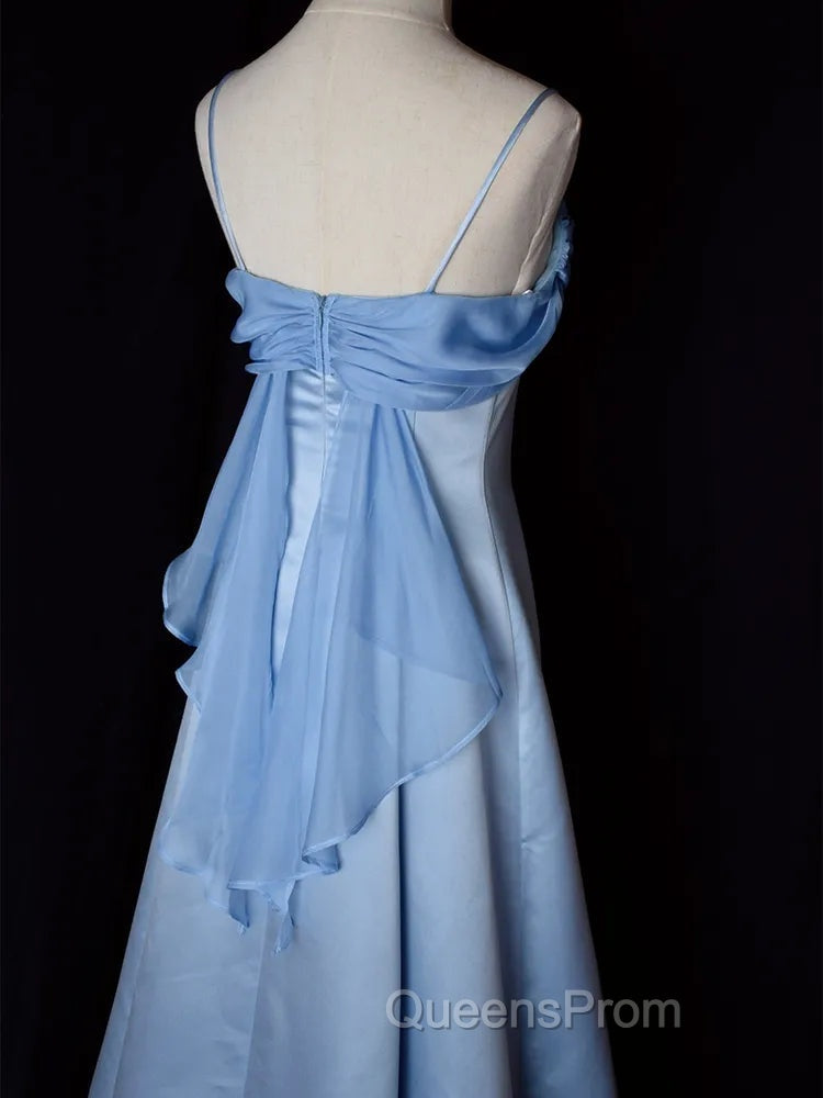 Elegant Blue Satin Spaghetti Straps Evening Gown A Line Long Party Dress Evening Prom Dress