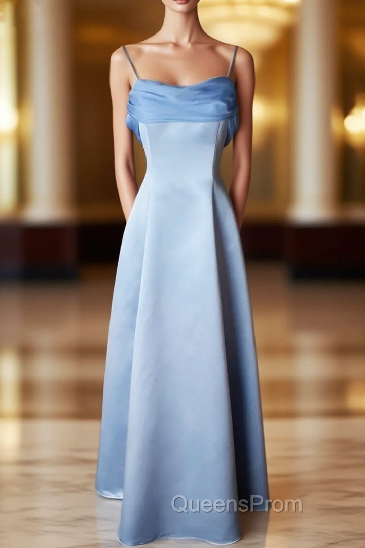 Elegant Blue Satin Spaghetti Straps Evening Gown A Line Long Party Dress Evening Prom Dress Main image