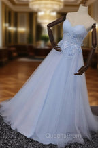 Elegant Blue Tulle Sweetheart Party Dress Evening Dress, Blue Lace Applique Evening Prom Dress 2025