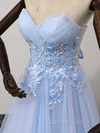 Elegant Blue Tulle Sweetheart Party Dress Evening Dress, Blue Lace Applique Evening Prom Dress 2025