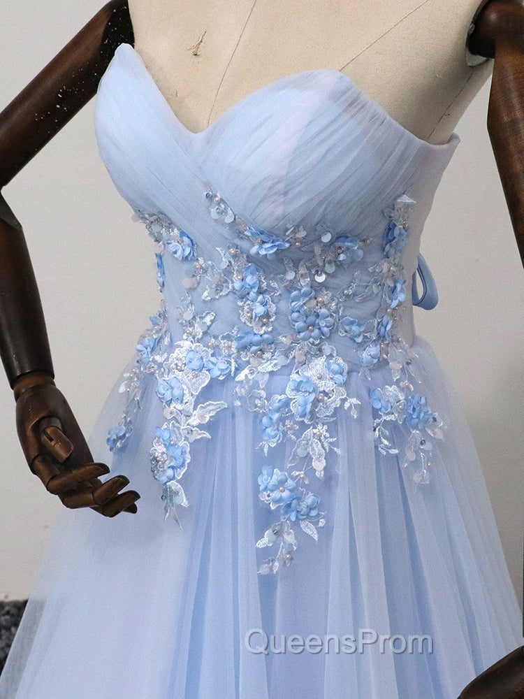 Elegant Blue Tulle Sweetheart Party Dress Evening Dress, Blue Lace Applique Evening Prom Dress 2025
