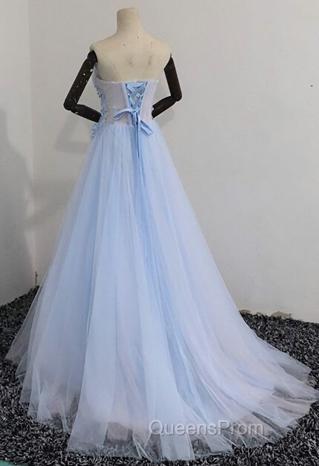Elegant Blue Tulle Sweetheart Party Dress Evening Dress, Blue Lace Applique Evening Prom Dress 2025
