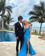 Elegant Blue V Neck Classy Prom Dress With Split,Blue Classy Dress