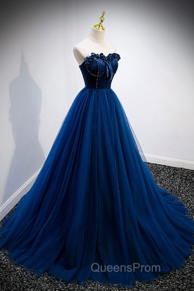 Elegant Blue Velvet And Tulle Long Evening Prom Dress Strapless