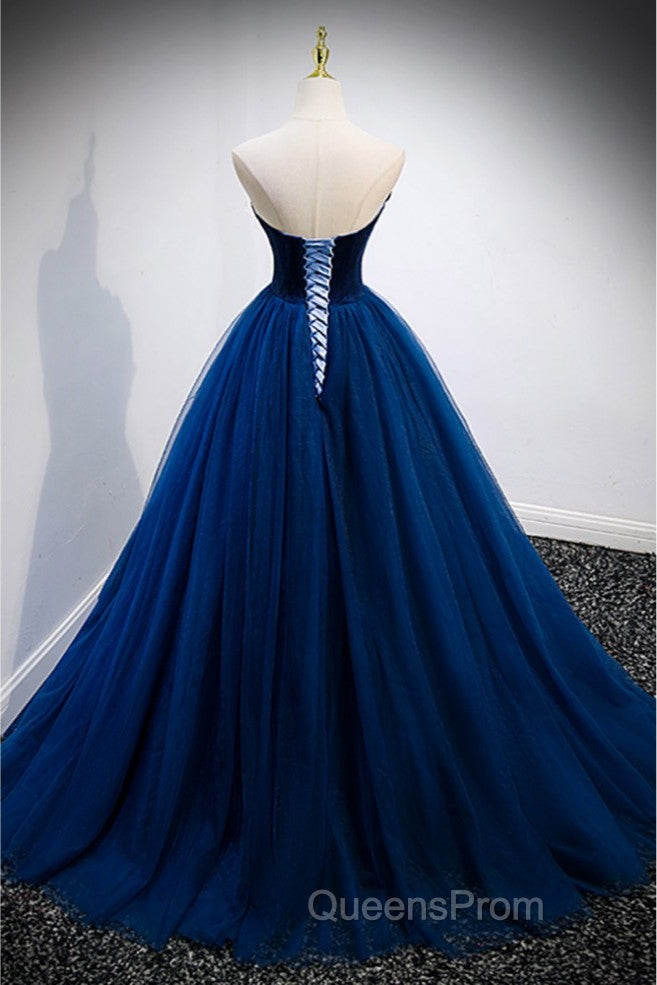 Elegant Blue Velvet And Tulle Long Evening Prom Dress Strapless