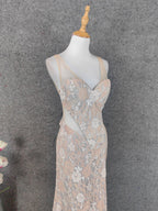 Elegant Blush Pink Lace Gradient Spaghetti Strap V-Neck Train Classy Prom Dress