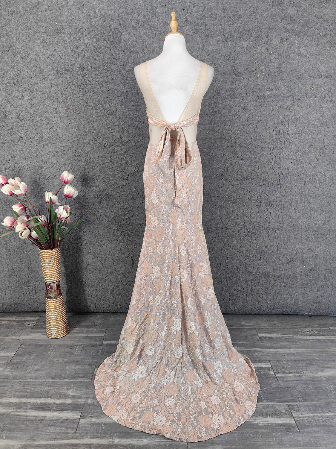 Elegant Blush Pink Lace Gradient Spaghetti Strap V-Neck Train Classy Prom Dress
