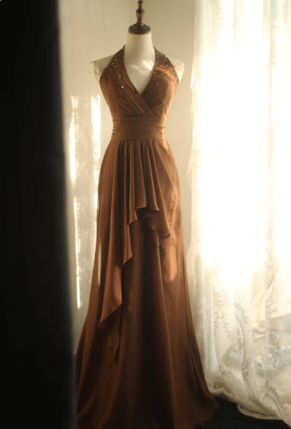 Elegant Brown A-Line Halter Neck Chiffon Long Classy Prom Dress