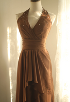 Elegant Brown A-Line Halter Neck Chiffon Long Classy Prom Dress