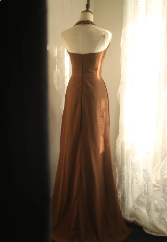 Elegant Brown A-Line Halter Neck Chiffon Long Classy Prom Dress