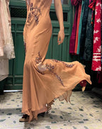 Elegant Brown And Gold Mermaid Halter-Neck Embroidered Beaded Chiffon Long Classy Prom Dress
