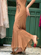 Elegant Brown And Gold Mermaid Halter-Neck Embroidered Beaded Chiffon Long Classy Prom Dress