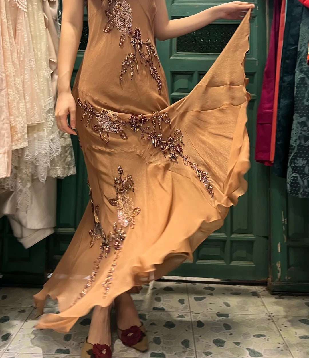 Elegant Brown And Gold Mermaid Halter-Neck Embroidered Beaded Chiffon Long Classy Prom Dress
