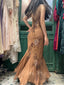 Elegant Brown And Gold Mermaid Halter-Neck Embroidered Beaded Chiffon Long Classy Prom Dress