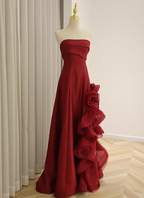 Elegant Burgundy 3D Floral Embellished Strapless Satin Long Classy Prom Dress