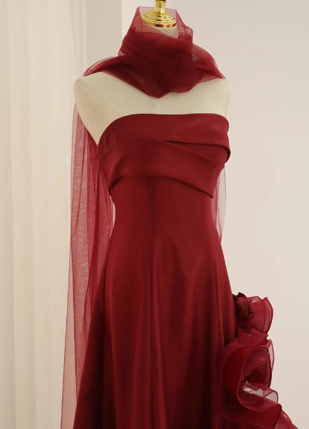 Elegant Burgundy 3D Floral Embellished Strapless Satin Long Classy Prom Dress