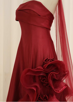 Elegant Burgundy 3D Floral Embellished Strapless Satin Long Classy Prom Dress
