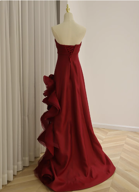 Elegant Burgundy 3D Floral Embellished Strapless Satin Long Classy Prom Dress