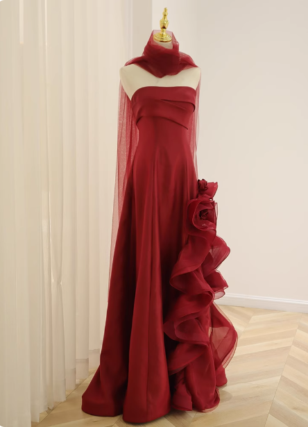 Elegant Burgundy 3D Floral Embellished Strapless Satin Long Classy Prom Dress