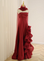 Elegant Burgundy 3D Floral Embellished Strapless Satin Long Classy Prom Dress