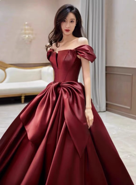 Elegant Burgundy A-Line Off-The-Shoulder Bow Satin Train Classy Prom Dress Secondary image