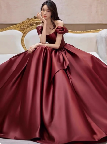 Elegant Burgundy A-Line Off-The-Shoulder Bow Satin Train Classy Prom Dress