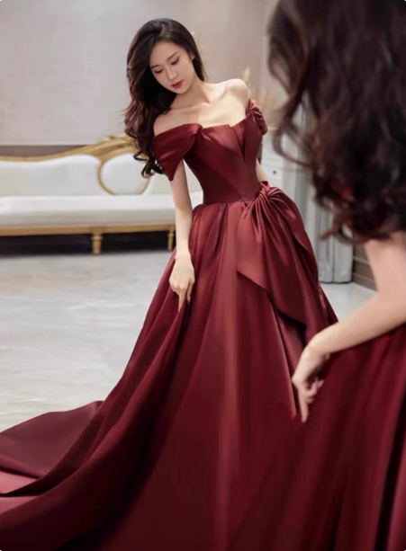 Elegant Burgundy A-Line Off-The-Shoulder Bow Satin Train Classy Prom Dress