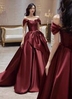 Elegant Burgundy A-Line Off-The-Shoulder Bow Satin Train Classy Prom Dress