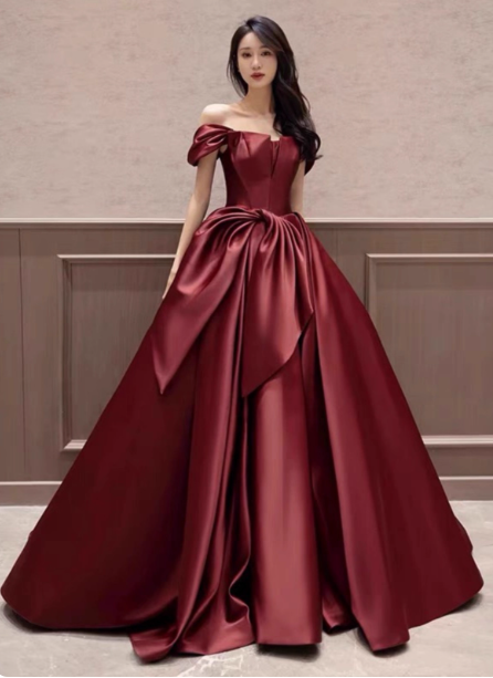 Elegant Burgundy A-Line Off-The-Shoulder Bow Satin Train Classy Prom Dress Main image