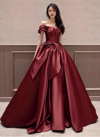 Elegant Burgundy A-Line Off-The-Shoulder Bow Satin Train Classy Prom Dress