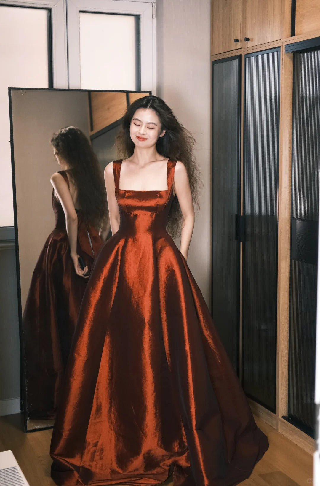 Elegant Burgundy A-Line Square Neck Bow Satin Long Prom Dress Evening Dress