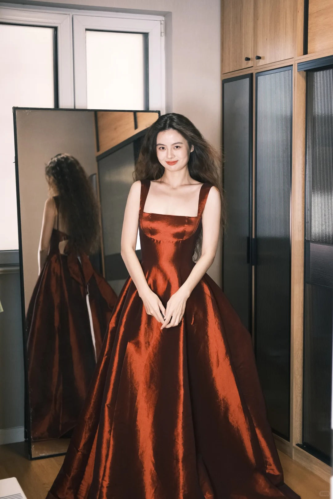 Elegant Burgundy A-Line Square Neck Bow Satin Long Prom Dress Evening Dress