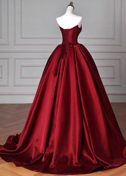Elegant Burgundy A-Line Strapless Satin Train Classy Prom Dress Secondary image