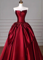 Elegant Burgundy A-Line Strapless Satin Train Classy Prom Dress