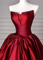 Elegant Burgundy A-Line Strapless Satin Train Classy Prom Dress