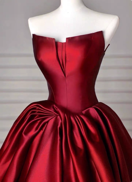 Elegant Burgundy A-Line Strapless Satin Train Classy Prom Dress