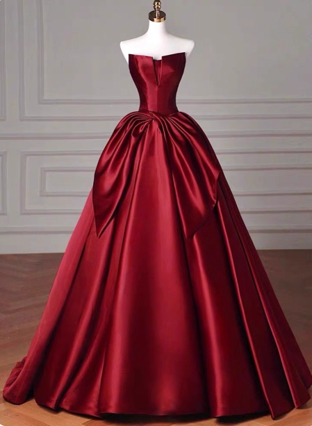 Elegant Burgundy A-Line Strapless Satin Train Classy Prom Dress