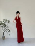 Elegant Burgundy Fitted Halter Neck Deep V-Neck Satin Long Classy Prom Dress