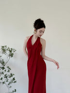 Elegant Burgundy Fitted Halter Neck Deep V-Neck Satin Long Classy Prom Dress