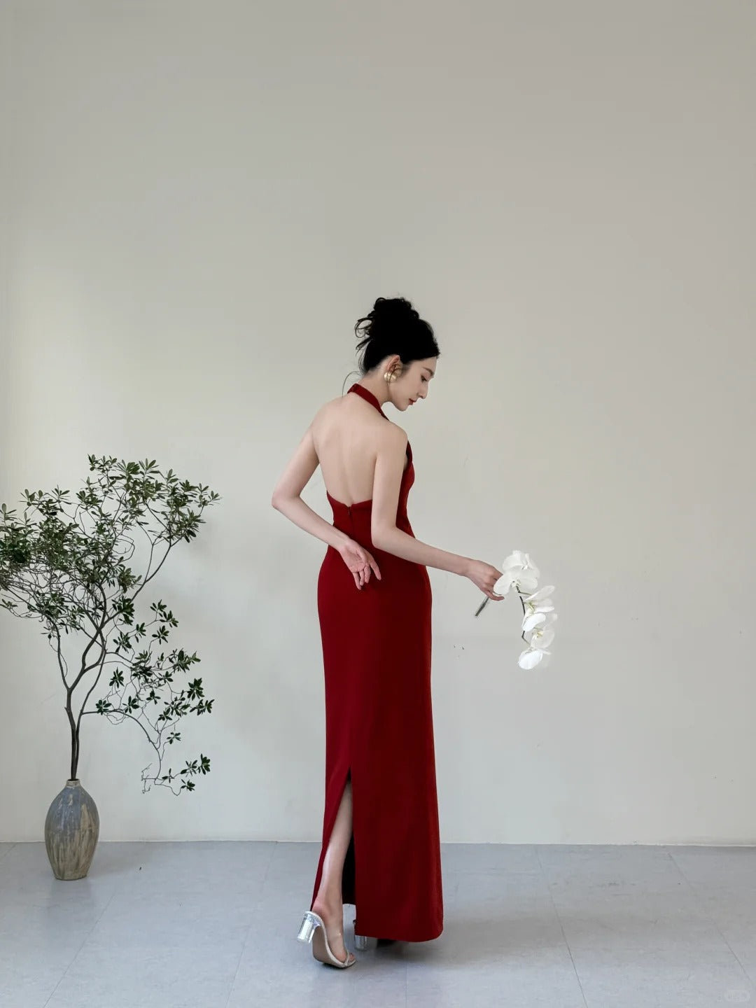 Elegant Burgundy Fitted Halter Neck Deep V-Neck Satin Long Classy Prom Dress