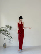 Elegant Burgundy Fitted Halter Neck Deep V-Neck Satin Long Classy Prom Dress